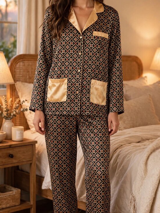 Versailles Other - Versailles Vintage L Geometric Satin Pajama Set Top Pants Womens Luxury Satin